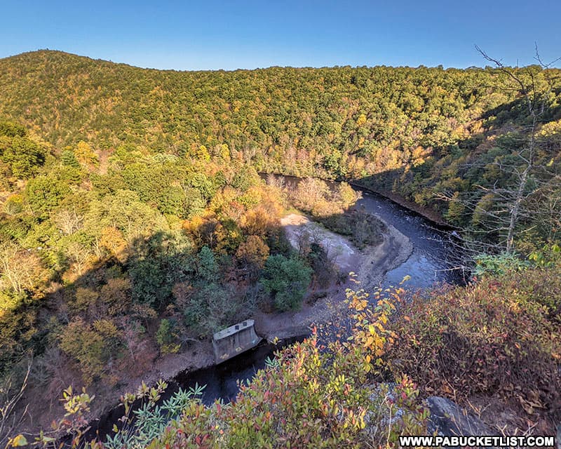 View of the abandoned bridge piers in the Lehigh River from Moyer's Rock Overlook.