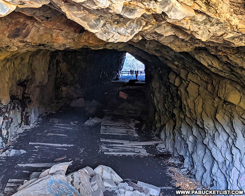 Looking through the Turn Hole Tunnel at Lehigh Gorge State Park towards the north portal.