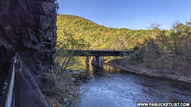 Looking at the Lehigh Gorge Rail Trail Bridge over the Lehigh River from the north portal of Turn Hole Tunnel.