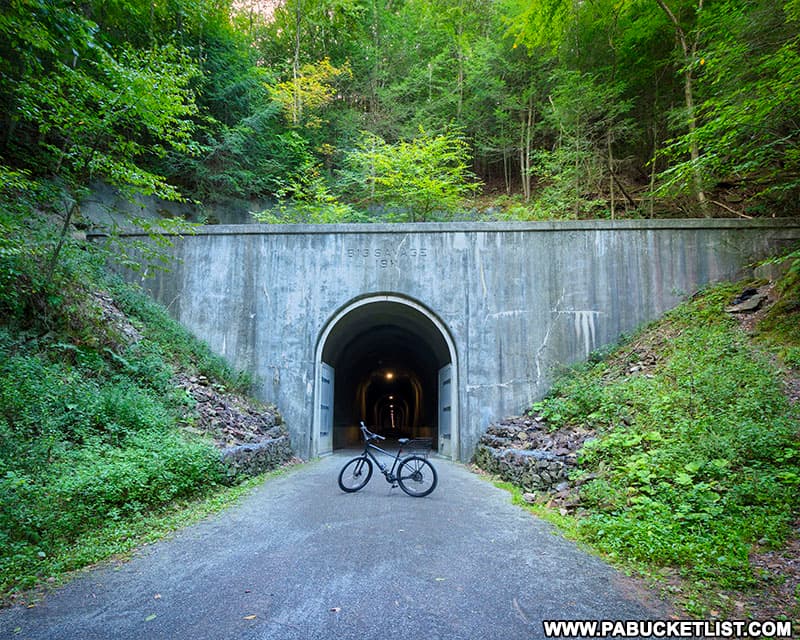 Bicycle at the northern portal of the Big Savage Tunnel along the Great Allegheny Passage rail trail in Somerset County, Pennsylvania.