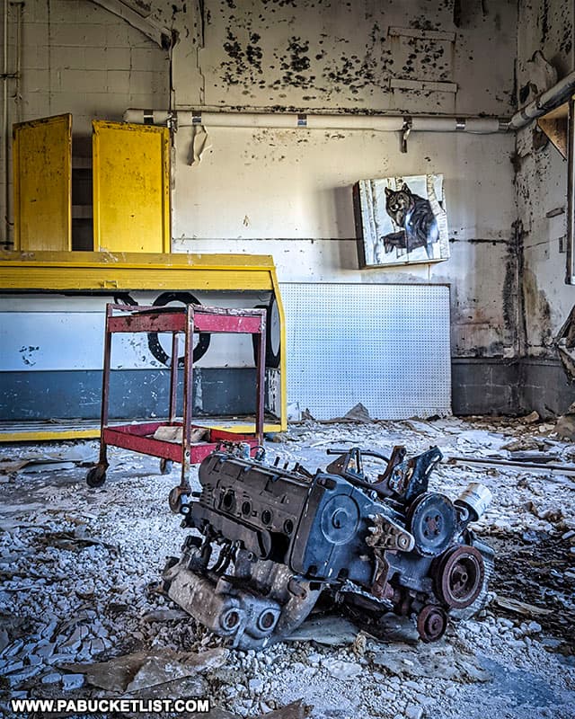 Engine block inside the auto mechanic school at the former Cresson Sanatorium.