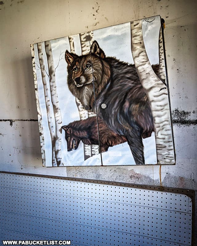 Wolf painting inside the auto shop at the former Cresson Sanatorium.