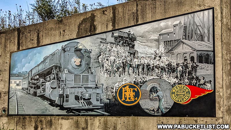 A mural dedicated to the Western Maryland Railway, painted on the Eastern Continental Divide bridge abutment.