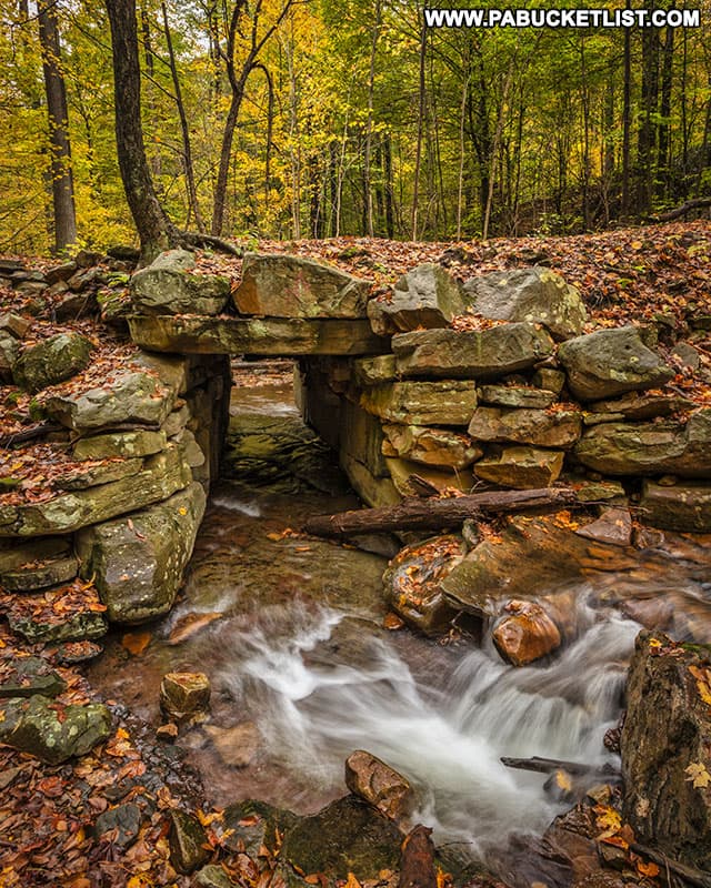 Stone aqueduct built by the Pittsburgh, Westmoreland, and Somerset Railroad around 1899.