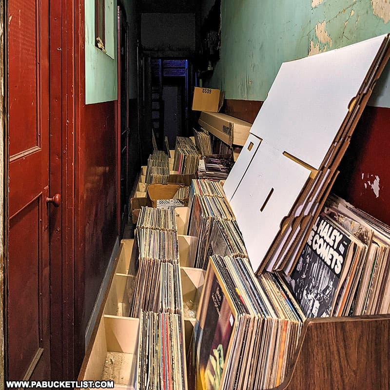 Records in a second-floor hallway at George's Song Shop.