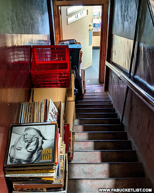 Records in a stairwell at George's Song Shop in Johnstown.