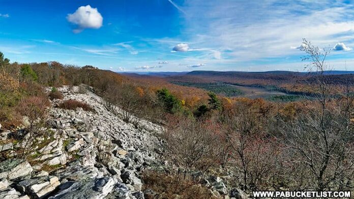 A panoramic view of Indian Wells Overlook along the Mid State Trail in the Rothrock State Forest.