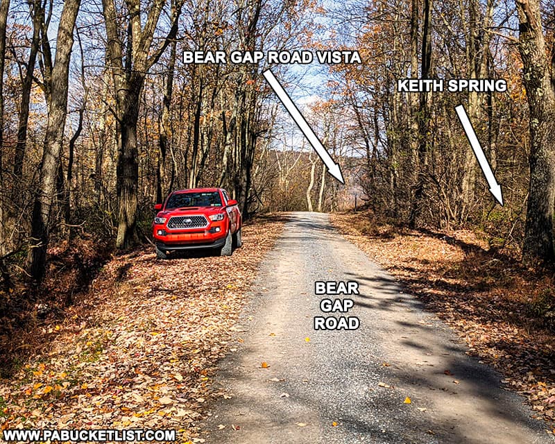 The parking area for Indian Wells Overlook along Bear Gap Road in the Rothrock State Forest.