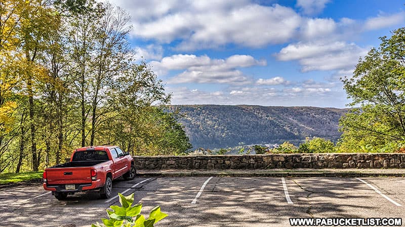 Parking area at the second roadside overlook at Jakes Rocks in the Allegheny National Forest.