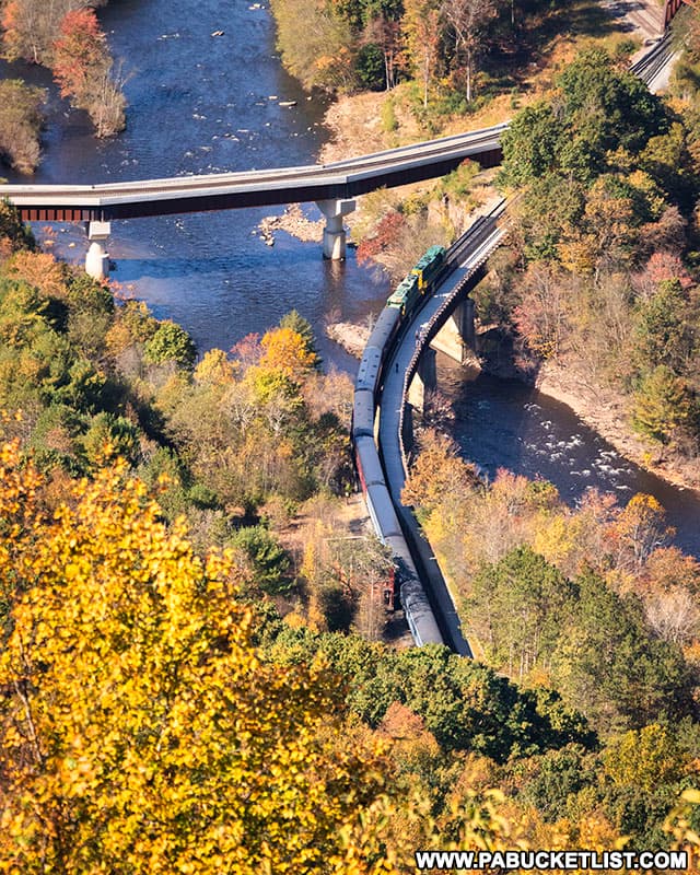 A view of the Lehigh Gorge Scenic Railway fall foliage train from the top of Mount Pisgah.
