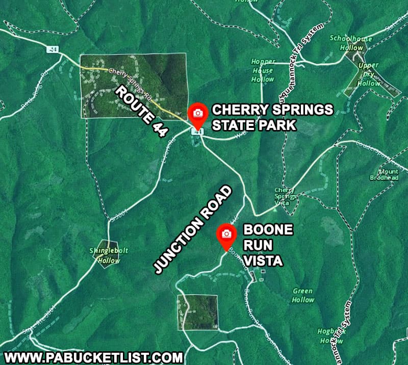 A map to Boone Run Vista along Junction Road in Potter County Pennsylvania.