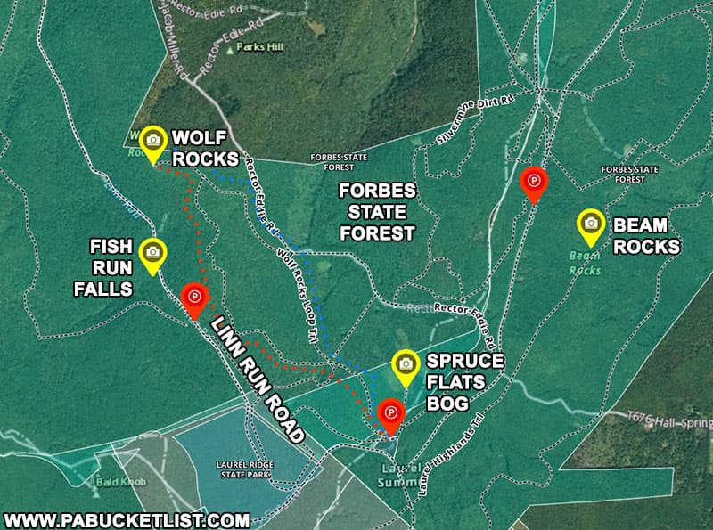 A map to Fish Run Falls in the Forbes State Forest, along with surrounding attractions.