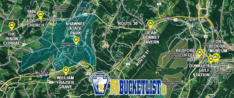 A map to the Jean Bonnet Tavern and nearby attractions in Bedford County Pennsylvania.