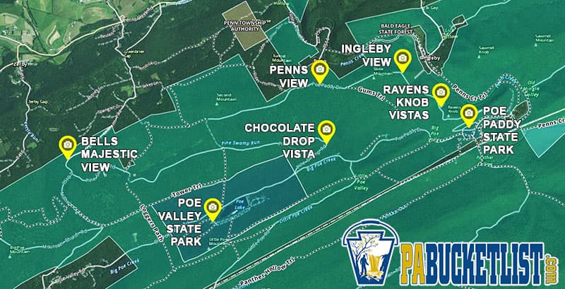 A map to Poe Valley State Park and nearby attractions in the Bald Eagle State Forest.