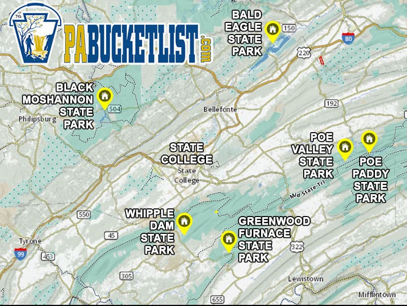 A map to the six best State Parks near State College, Pennsylvania.