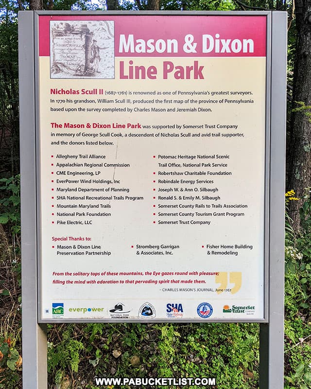 Sign denoting the sponsors of the Mason and Dixon Line Park along the Great Allegheny Passage.