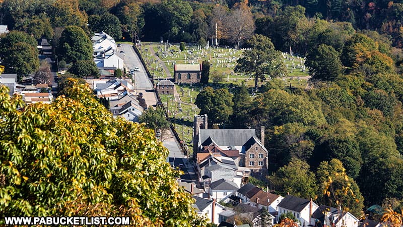 A view of South Avenue and the Jim Thorpe Cemetery from Mount Pisgah.