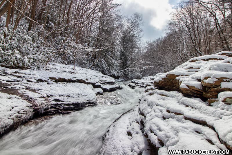 The Natural Water Slides at Ohiopyle State Park surrounded by ice and snow.