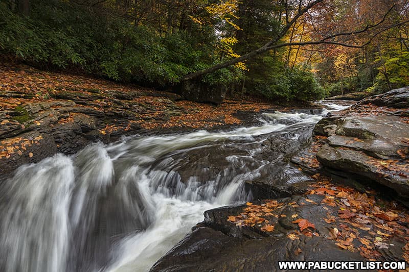 The Natural Water Slides surrounded by fall foliage at Ohiopyle State Park.