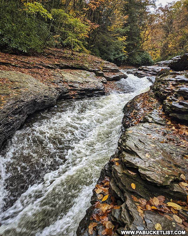 Water rushing through the Natural Water Slides at Ohiopyle State Park.