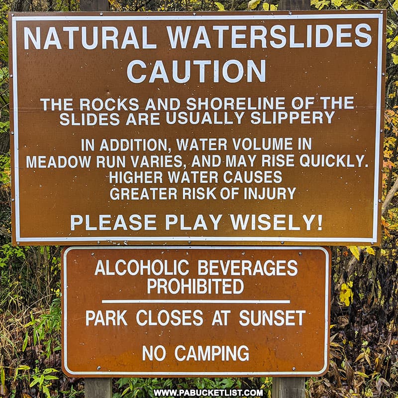 Caution sign near the Natural Water Slides at Ohiopyle State Park.