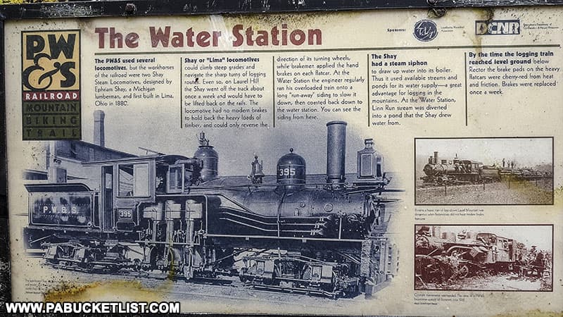 History of the Pittsburgh, Westmoreland, and Somerset Railroad water station which was once located near the Fish Run Falls parking area.