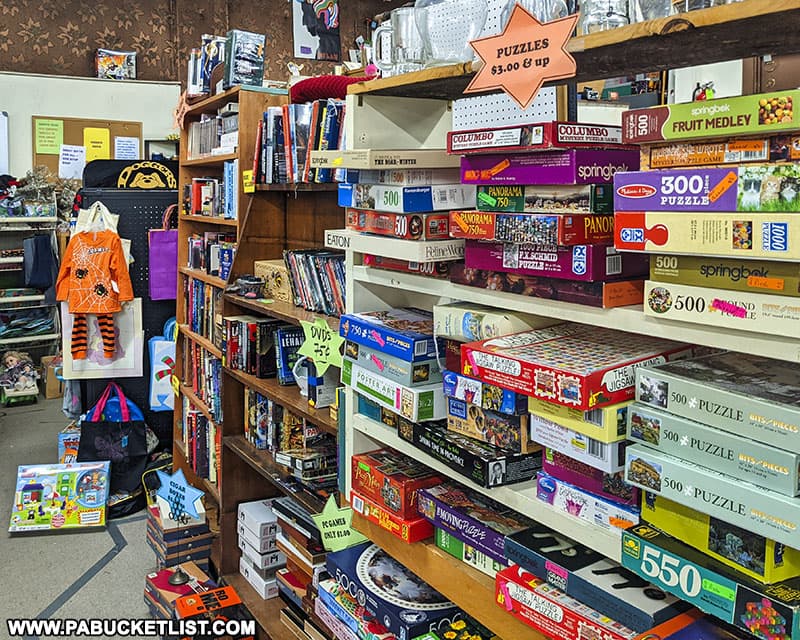 Games and puzzles for sale at the Plaza Centre antique gallery and flea market in Bellefonte, Pennsylvania.