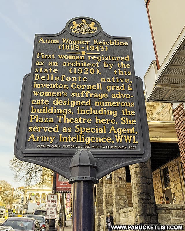PA historical marker in front of the Plaza Centre antique gallery in Bellefonte, PA.
