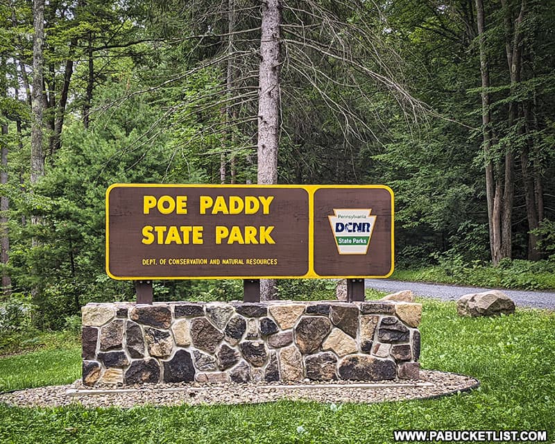 Poe Paddy State Park entrance sign.