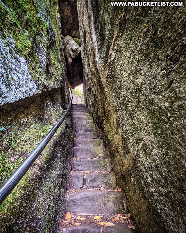 Stairway through the boulders at Rimrock Overlook in Warren County Pennsylvania.