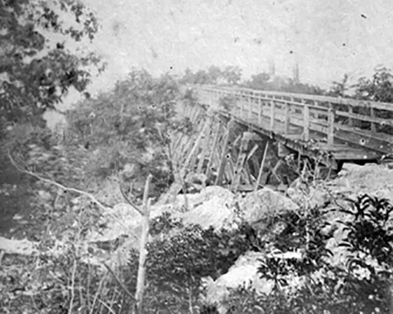 Photo of the railroad bridge that once stretched across the top of Mount Pisgah.