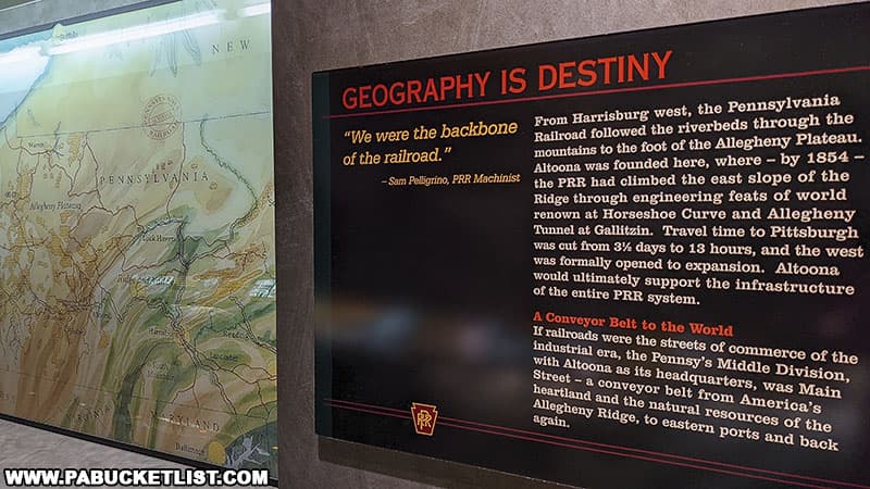 "Geography is Destiny" exhibit at the Altoona Railroaders Museum, explaining the geographic importance of Altoona to the early American railroad industry.