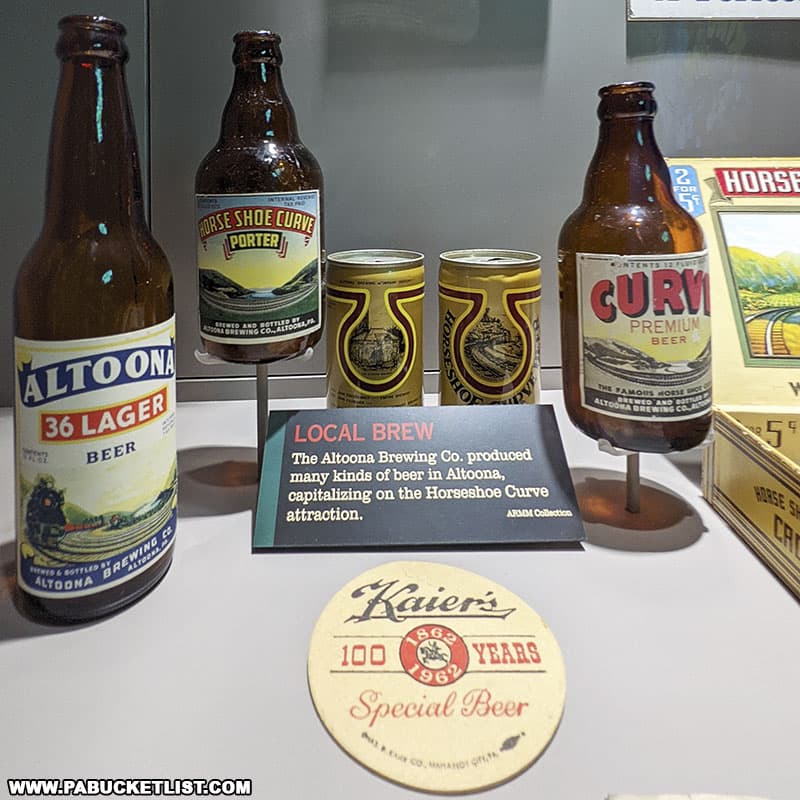 Various railroad-themed beers brewed in Altoona on exhibit at the Altoona Railroaders Memorial Museum.