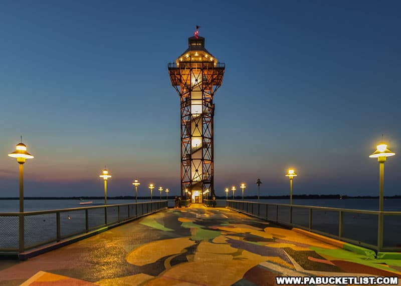 Bicentennial Tower at dusk on Dobbins Landing in Erie Pennsylvania.