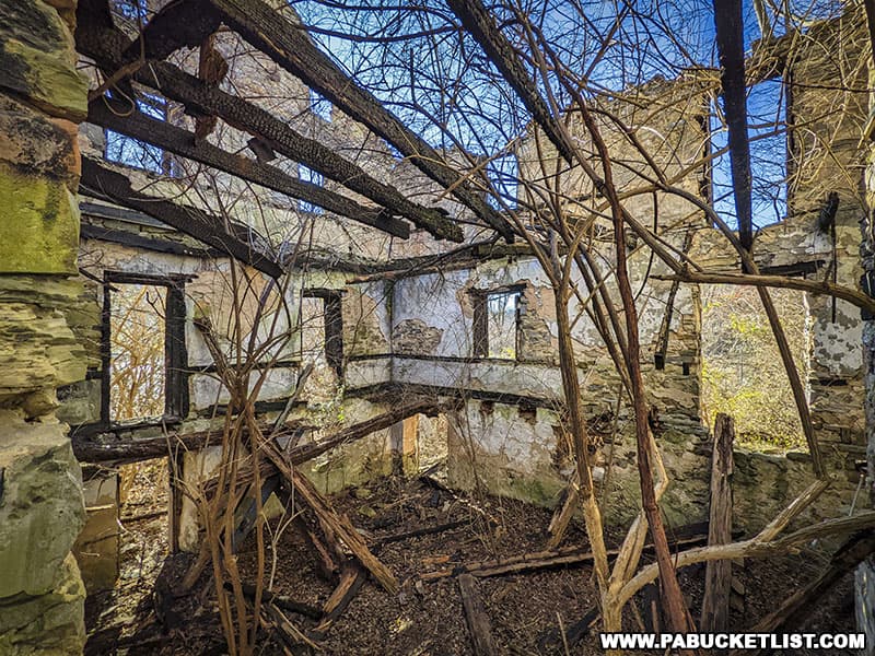 Burned-out interior of Brumbaugh homestead near Raystown Lake in Huntingdon County.