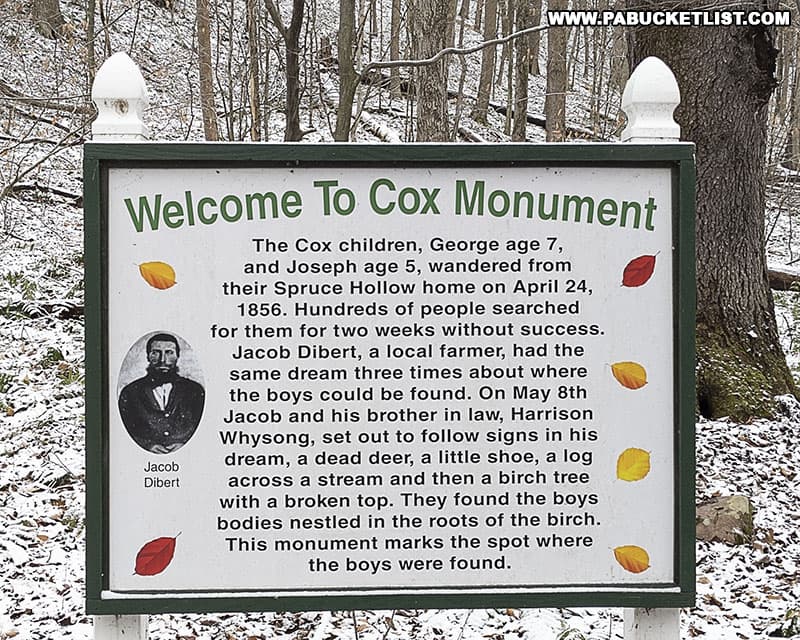 Sign next to the Cox Monument on State Game Lands 26 in Bedford County PA.