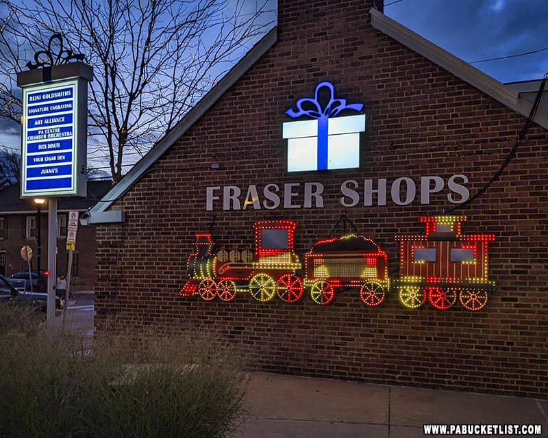 Christmas lights at Fraser Shops in downtown State College.
