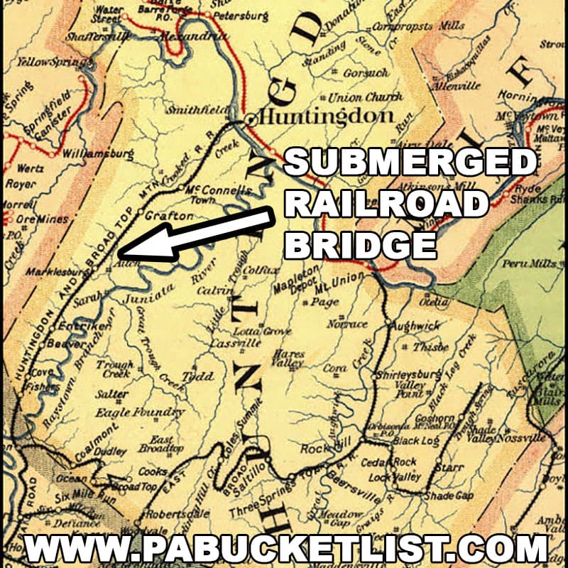 Location of submerged Huntingdon and Broad Top Mountain railroad bridge at Raystown Lake.