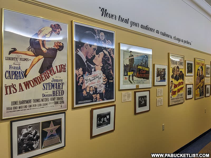 A collection of Jimmy Stewart movie posters on display at the Jimmy Stewart Museum in Indiana Pennsylvania.