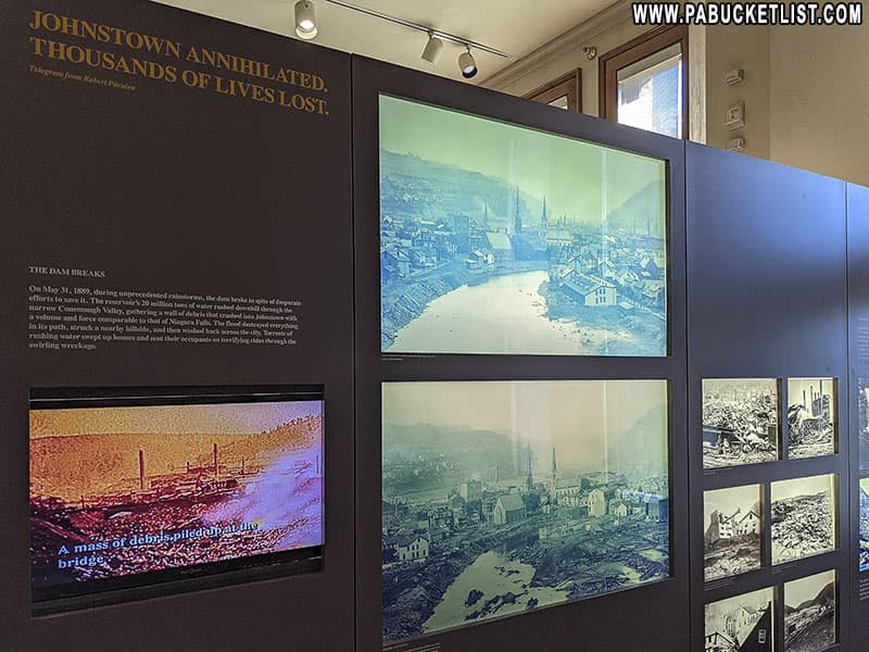Photos of the flood damage at the Johnstown Flood Museum.