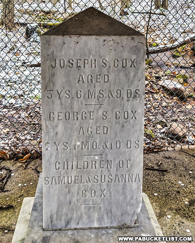 Joseph and George Cox monument on State Game Lands 26 in Bedford County.
