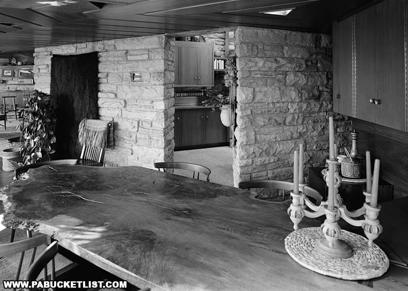 HIstorical photo of the dining room looking into the kitchen at Kentuck Knob.