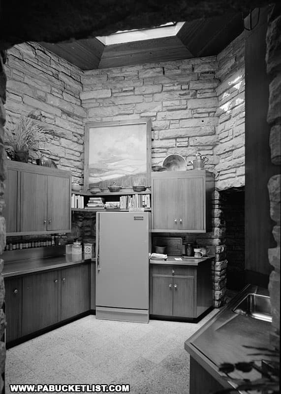 Refrigerator and cabinets in the kitchen at Kentuck Knob.