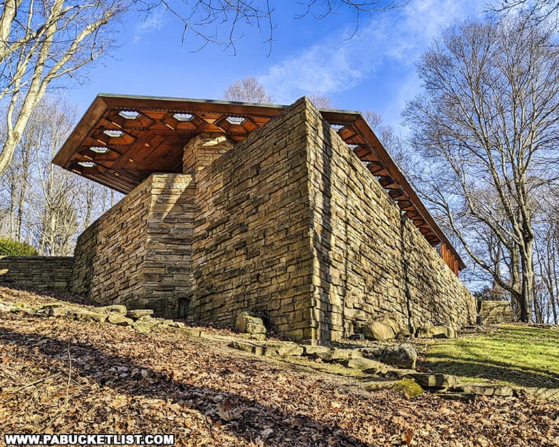 The sandstone walls and cantilevered roof over the patio surrounding Kentuck Knob.