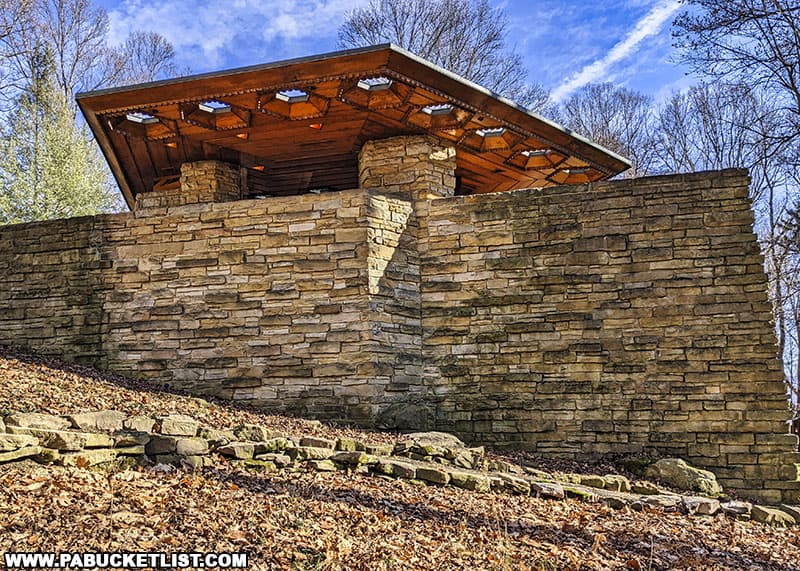 The distinctive honeycomb-shaped skylights in the red cypress overhang above the wrap-around porch at Kentuck Knob.