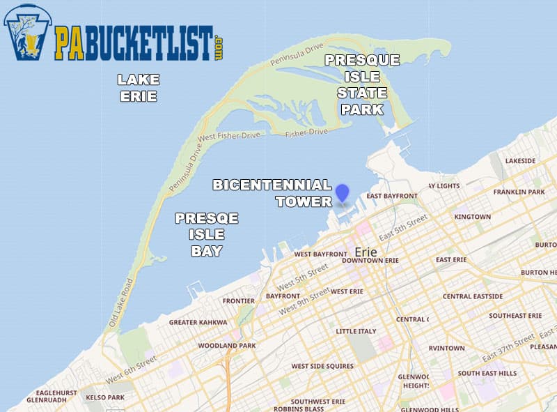 A map to Bicentennial Tower on the shore of Presque Isle Bay in Erie Pennsylvania