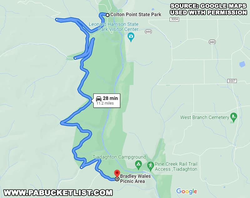 A map to the Bradley Wales Picnic Area and Scenic View in the PA Grand Canyon.