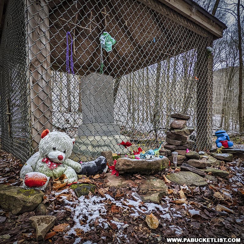 Mementos left by visitors to the Lost CHildren of the Alleghenies Monument in Bedford County.