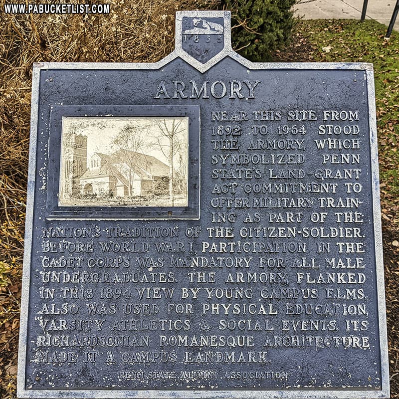 Historical marker next to Willard Building at Penn State, where the Armory used to stand.