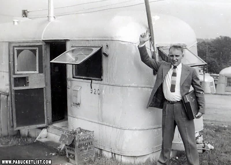 Darl Kordes in front of his trailer home at Penn State in 1947.